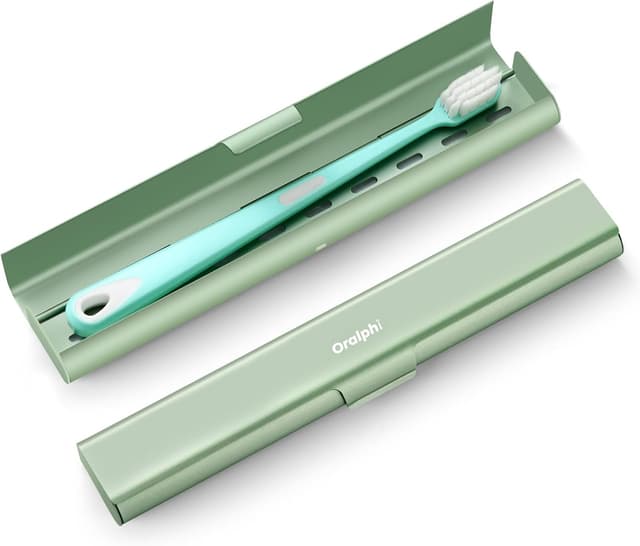 Detalle de Oralphi aluminium travel toothbrush case – manual toothbrush holder with drainage hole (green)