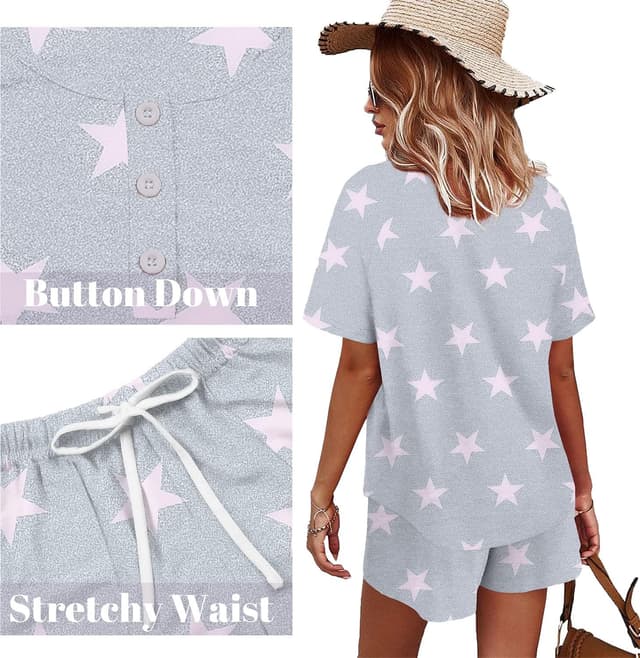 Detalle de WIHOLL Women’s 2-Piece Lounge Set: Button-Down Top & Drawstring Pocket Shorts