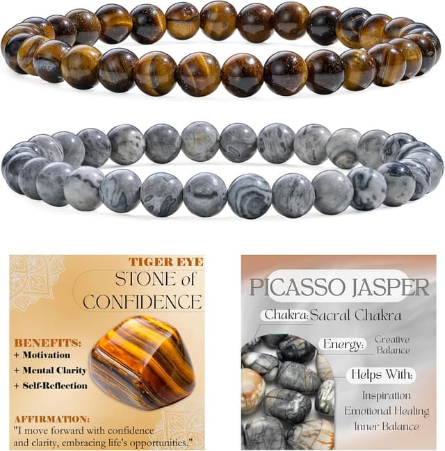 Detalle de Bivei 3-teiliges Perlenarmband mit Natursteinen (Ojo de Tigre & Picasso-Jaspis) für Damen – handgefertigt