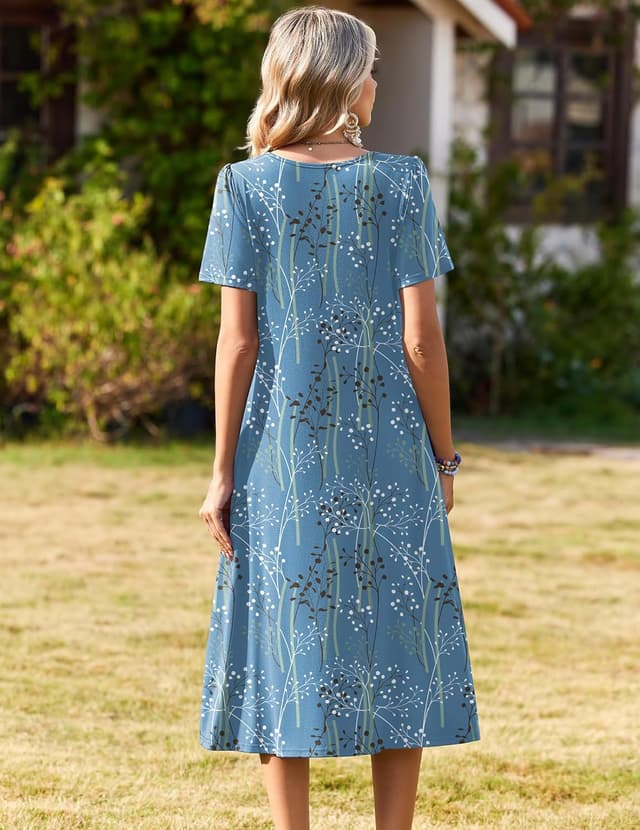 Detalle 2 de Zeagoo Women’s Short-Sleeve Flare Midi Dress with Pockets (Pleated Front, Floral Print)