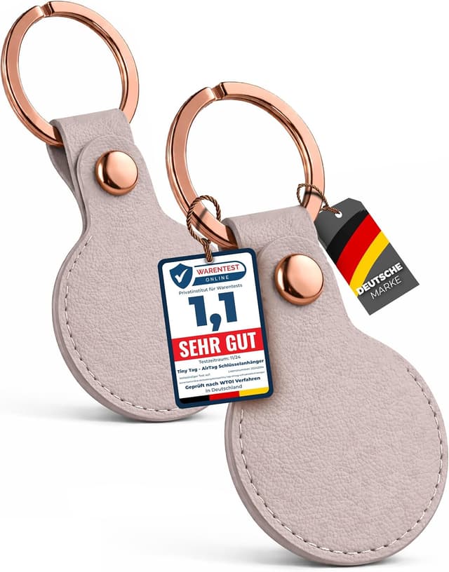 Detalle de TinyTag® veganer Leder Schlüsselanhänger für Apple AirTag (Taupe Roségold) – 2er Pack