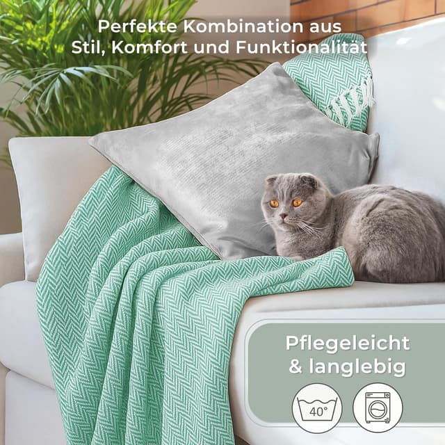 Thumbnail 6 de Gräfenstayn Premium Tagesdecke mit Fransen – 100% Baumwolle, Fischgrätenmuster, 150 x 200 cm (Mint)