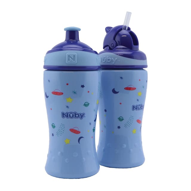 Detalle de Nuby 2er Pack auslaufsichere Trinkflaschen: Flip-it Trinklernflasche 360 ml + Pop-up Trinklernbecher (BPA-frei) – Blau