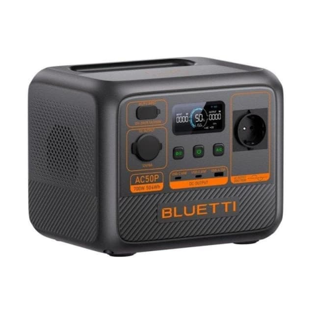 Detalle de Bluetti AC50P portátil de 504 Wh LiFePO4 con salida continua 700 W y control LCD