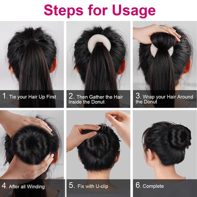 Detalle 2 de URAQT Donut Hair Bun Set (4-teilig) mit Duttkissen in 4 Größen und 30 U-förmigen Haarclips