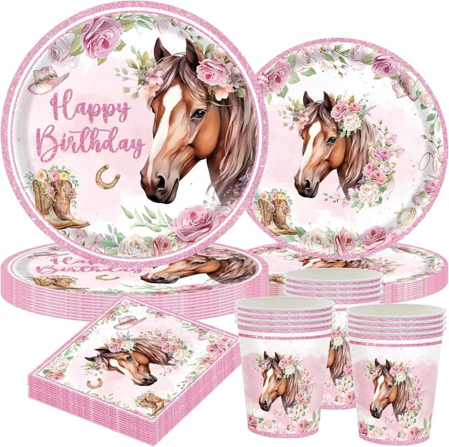 Detalle de Pferd Partygeschirr Set für 10 Gäste – Pferde-Geburtstag Deko mit Papptellern, Tassen & Servietten