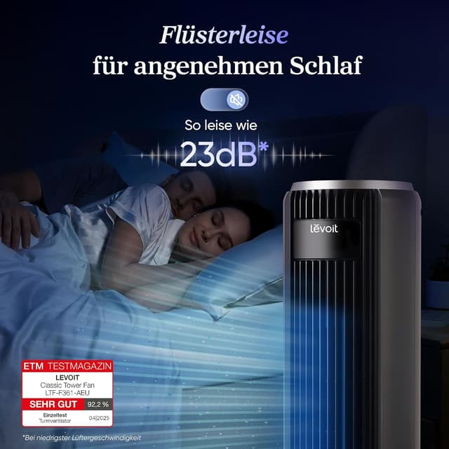 Detalle de Levoit leiser Turmventilator mit Kühlung, Oszillation & Fernbedienung – Schlafmodus, Timer (12 Std.) und 5 Stufen