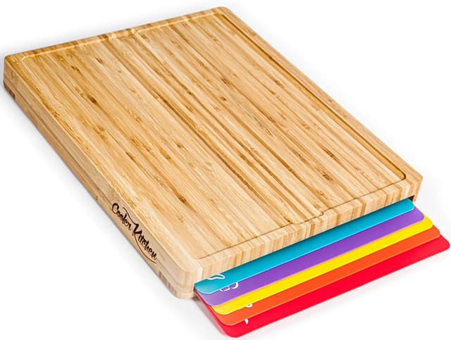 Detalle de Cooler Kitchen Bamboo Cutting Board Set with 6 Color-Coded Flexible Mats, Holder, BPA-Free (Dishwasher Safe)