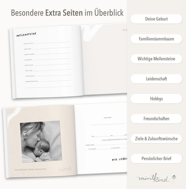Detalle de mintkind Erinnerungsbuch Kindheit Beige – Geburtstagsbuch von 0 bis 18 Jahren mit Leinenalbum & Vorlagen