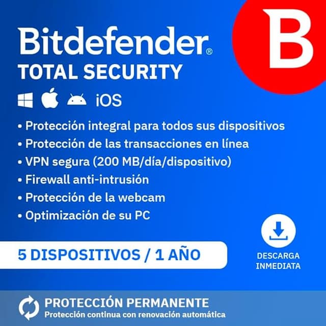 Detalle de Bitdefender Total Security 2025 | Protección Total para 5 Dispositivos 🛡