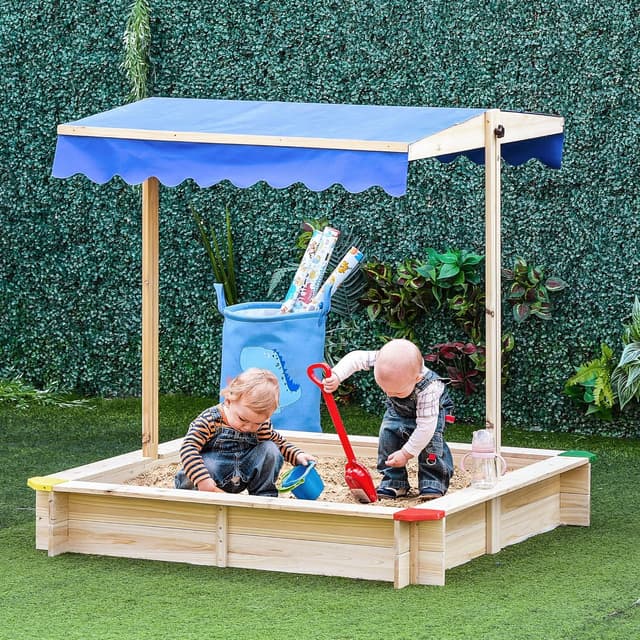 Detalle de Outsunny Bac à sable en bois carré avec couvercle et toit réglable 1,2 m (1,2L x 1,2l x 1,2H)