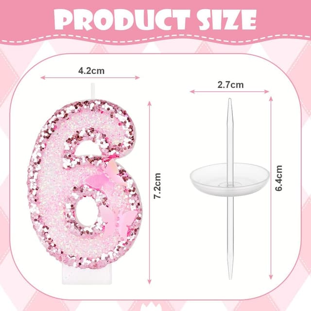 Detalle 2 de Alaoo Butterfly Birthday Candles – Pink Number 6 Glitter Candle & Cake Topper