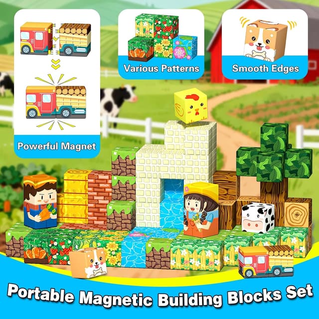 Detalle de Mini Magnetic Blocks Farm Magnetic Building Cubes Set (40 Pieces) with Portable Iron Box