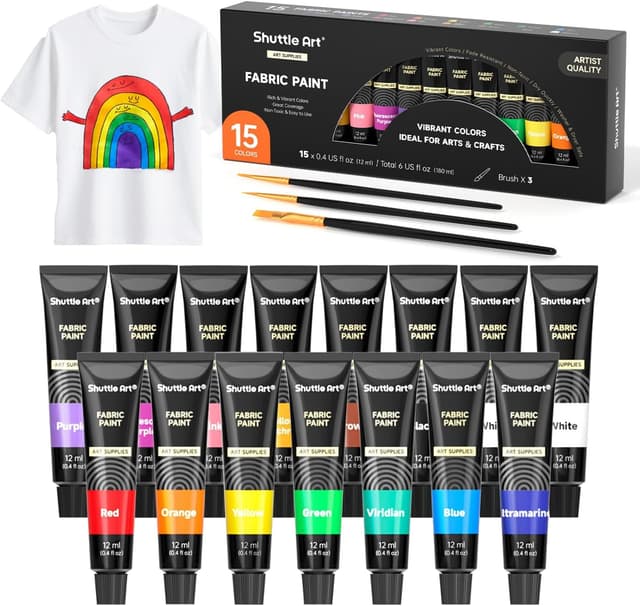 Detalle de Shuttle Art waschmaschinenfeste Textilfarbe (15 x 12 ml) im Set mit 3 Pinseln – zum Bemalen & Färben von Stoffen