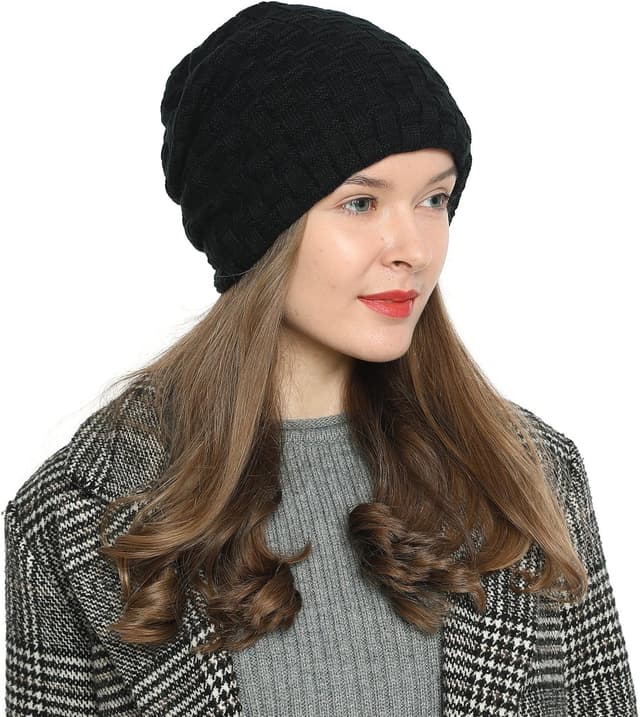 Detalle de Bonnet d’hiver femme DonDon Bonnet slouch en laine tricotée, doublure polaire chaude