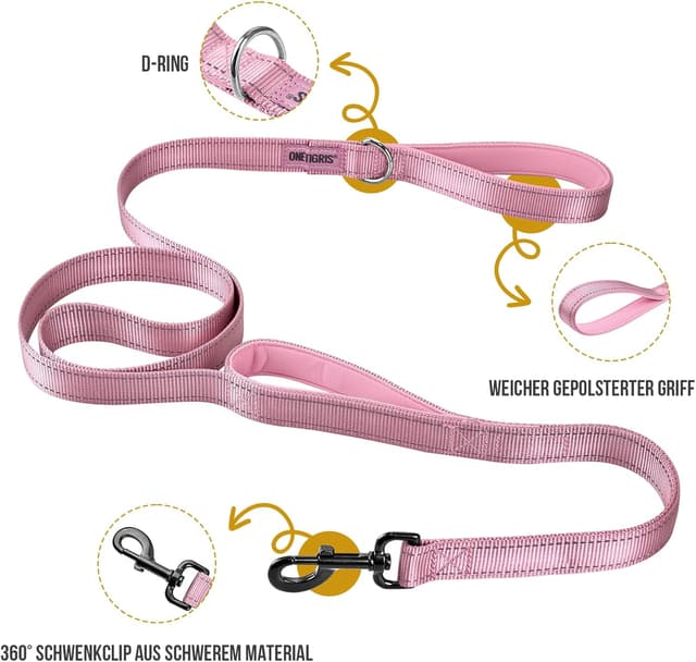 Detalle de OneTigris Hundeleine mit 2 Griffen und reflektierenden Streifen, 182 cm, Rosa