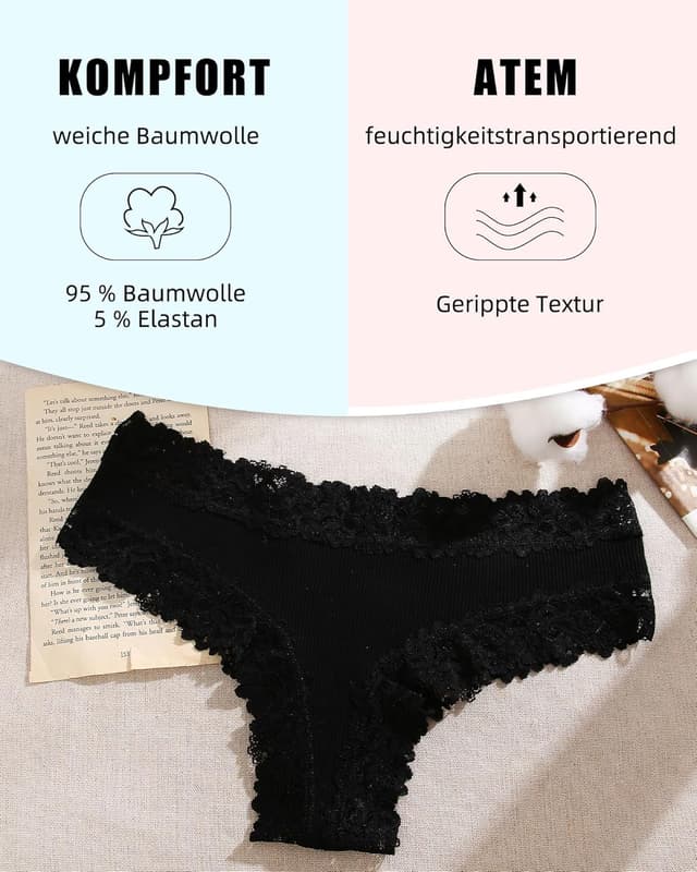 Detalle de FINETOO Damen Brazilian Slip aus Baumwolle mit Spitze – Mehrpack (6) für atmungsaktiven Tragekomfort