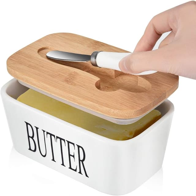 Thumbnail 6 de Large Butter Dish with Lid (Porcelain Butter Container with Knife Holds 2 Sticks) – Red