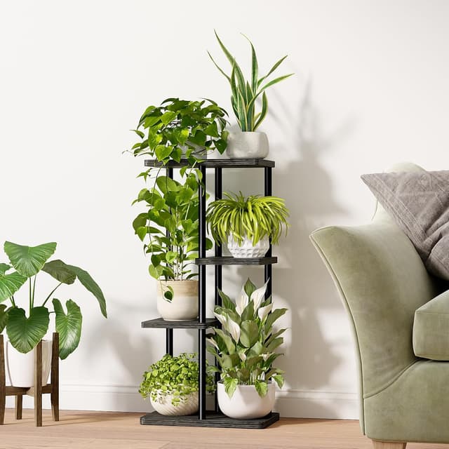 Detalle de Bamworld porta piante verticale da interno ed esterno con 4 ripiani in metallo e legno, nero