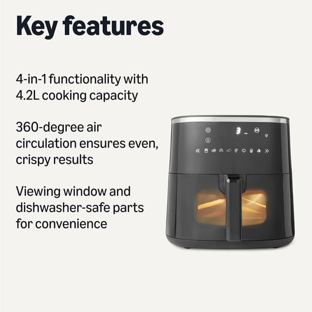 Detalle 2 de Amazon Basics 4.2L Air Fryer with Easy View Window (1500W) – 8 Preset Menus, Black