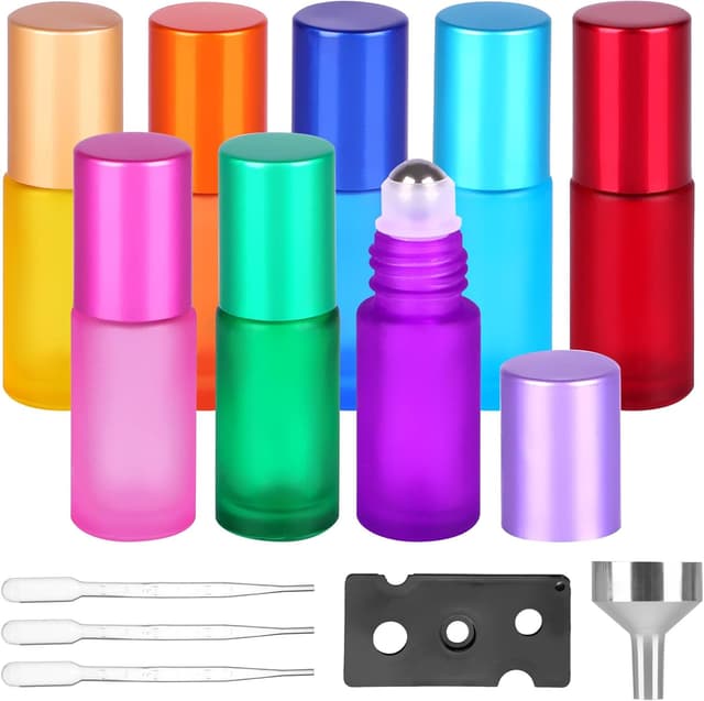 Detalle de Ailvor Roll-on Glasflaschen für Ätherisches Öl (8 Stück), 5 ml mit Edelstahl-Roller und Zubehör