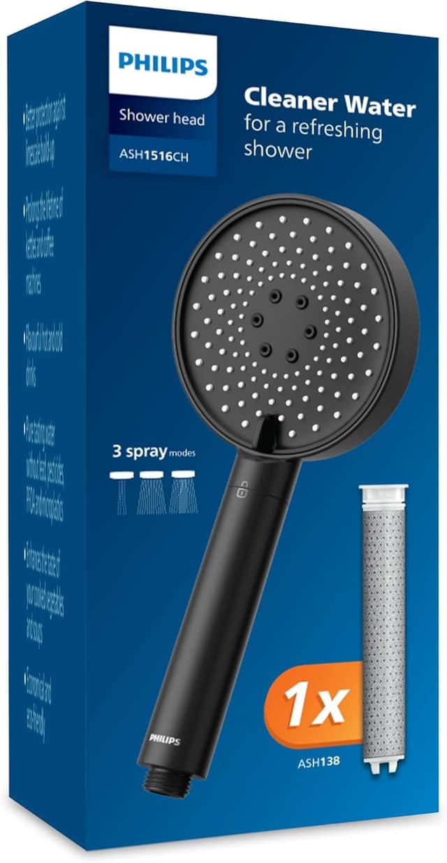 Detalle de Soffione doccia filtrante Philips Water Filtration (protezione per capelli e pelle), 3 modalità di getto, nero
