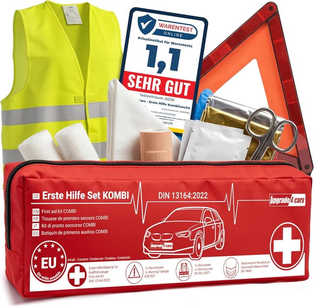 Detalle de Upgrade4cars Auto-Verbandskasten 2026 nach DIN 13164:2022 mit Warndreieck & Warnweste