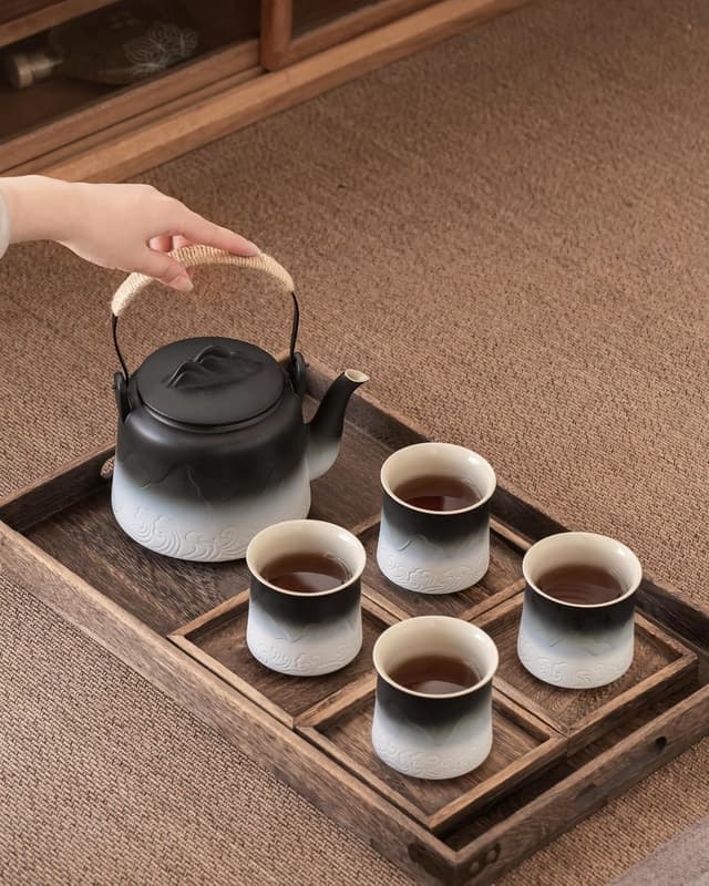 Detalle de ZENS Vintage Japanese Tea Set – 1000ml embossed teapot with built-in strainer, 4 cups