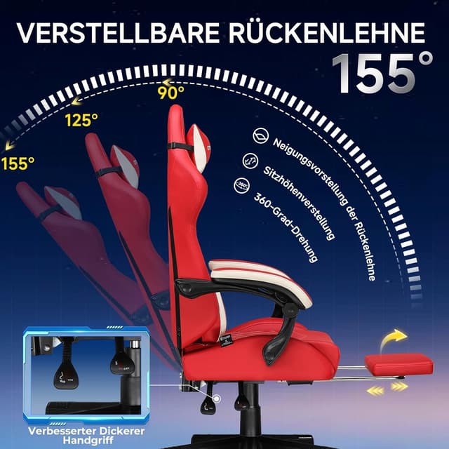 Detalle 2 de GTPLAYER Chaise de gaming ergonomique en cuir synthétique rouge, support lombaire et dossier jusqu’à 150°