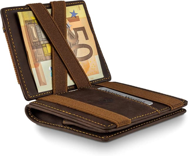 Detalle de WEST Magic Wallet (Klassiker) mit großem Münzfach – RFID Datenschutz Geldbeutel inkl. Geschenkbox in Braun/Orange