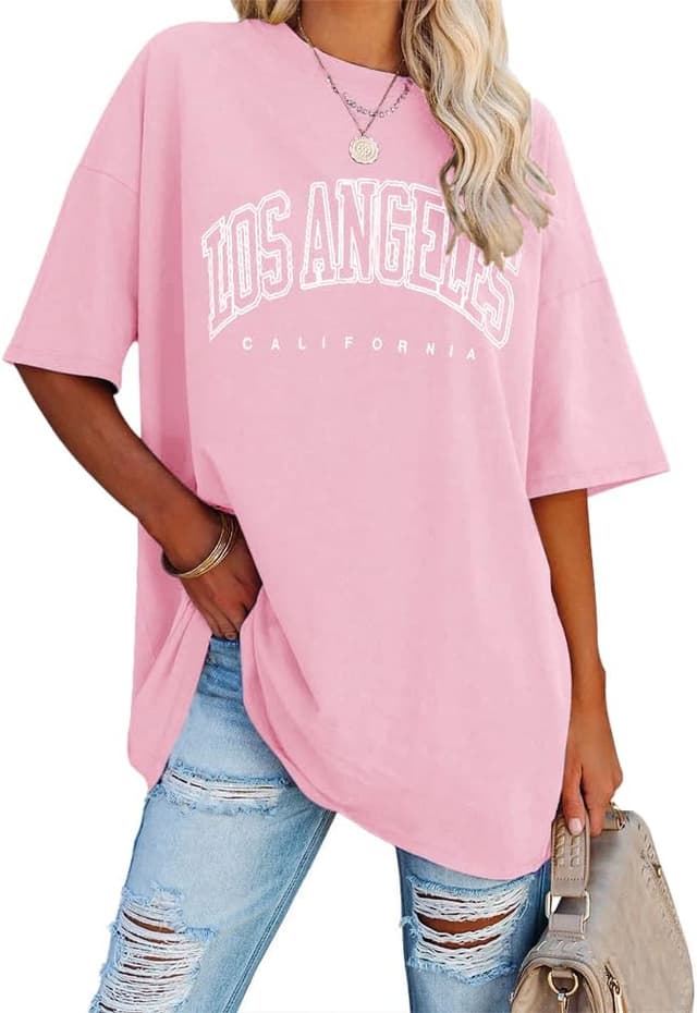 Detalle 2 de Ebifin Women’s Oversize Vintage Los Angeles Crew Neck T-Shirt (Los Angeles print)