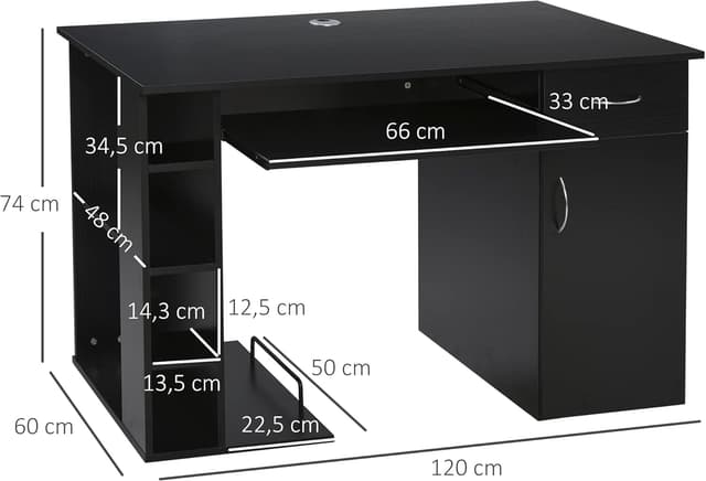 Detalle de HOMCOM Bureau informatique 120 x 60 cm avec multi-rangements, étagère et tiroir — noir