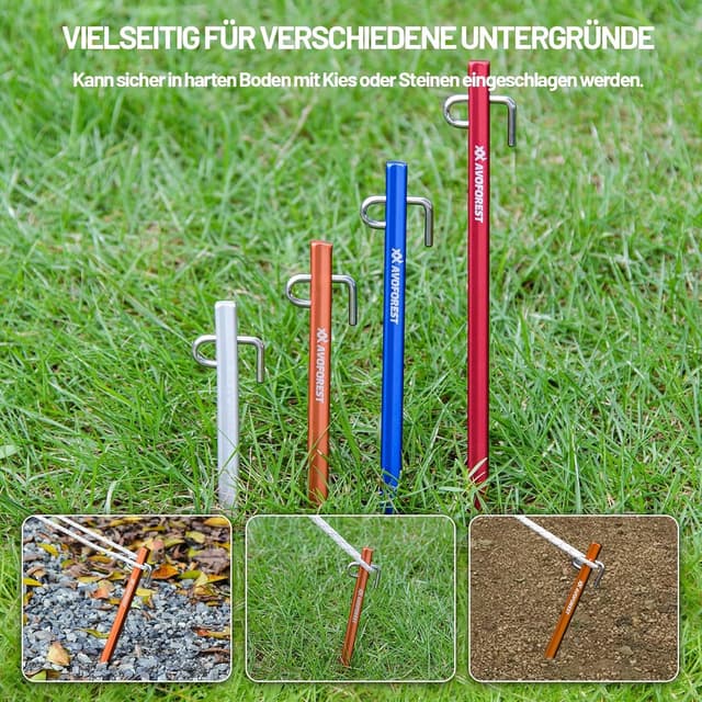 Detalle 2 de Zeltheringe AVOFOREST Erdnägel (8 Stück), stabile Aluminiumlegierung, 20 cm – ideal für normaler bis harter Boden