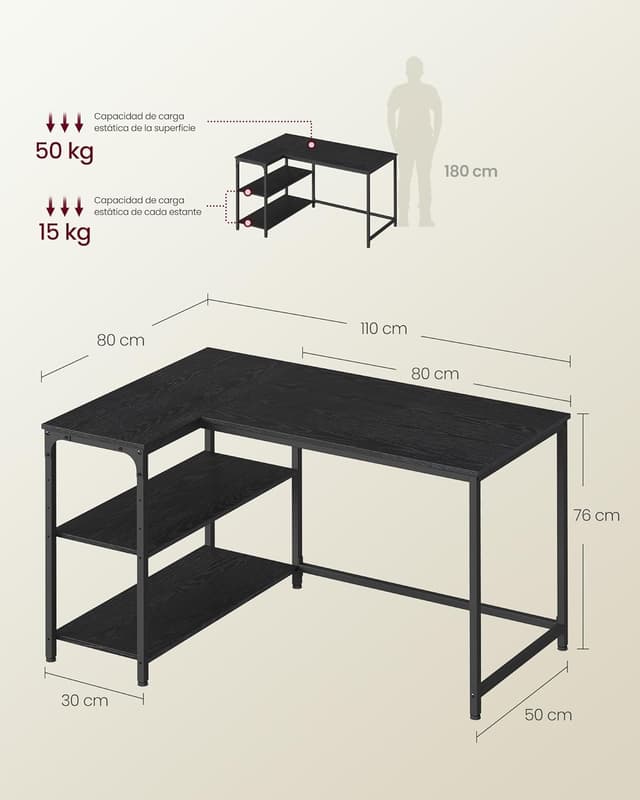 Detalle de VASAGLE Scrivania Angolare a L LWD135BE01 110 x 80 cm con scaffale reversibile e ripiano regolabile in altezza, Nero Ebano