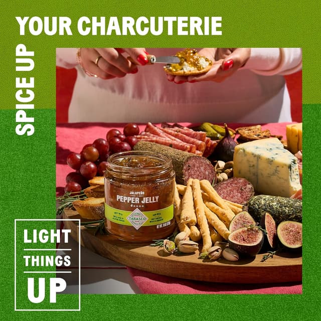 Detalle de TABASCO Pepper Jelly Jalapeño (süß-mild) – vegane, glutenfreie süße Paprika-Chili-Marmelade mit Jalapeños im 283-g-Glas