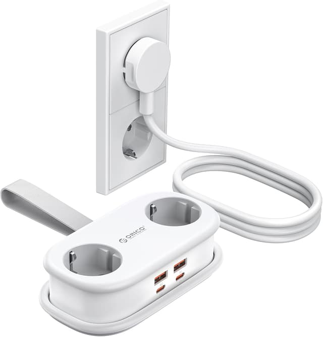 Detalle de ORICO AP3 Bianco GaN 65W: presa da viaggio multipla 6-in-1 con USB-C 65W e cavo retrattile 1,6 m