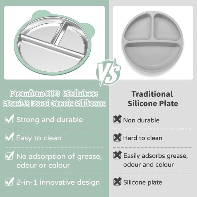 Detalle de Edelstahl Baby Teller mit Saugnapf (2 Stück) – Silikon-Kinderteller BPA-frei, abnehmbare Hülle, Beige + Dunkelgrün