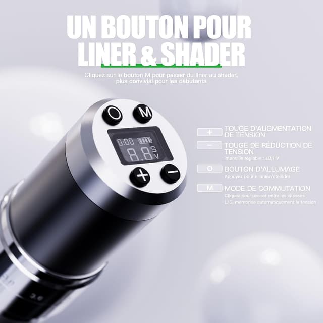 Detalle 2 de Dragonhawk Stylo de tatouage rotatif sans fil avec 2 batteries 1500 mAh et affichage LED (courses 2,4 à 4,2 mm) – Noir