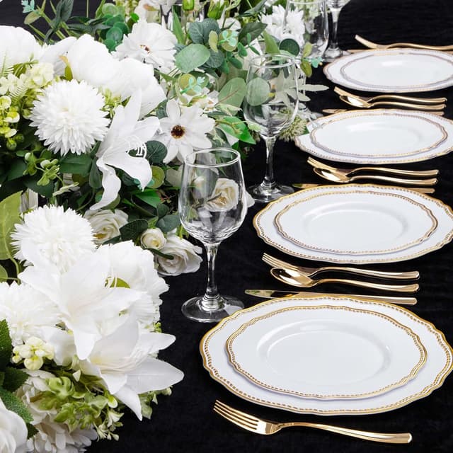 Detalle de Hioasis 60 Pack White & Gold Disposable Dinner Plates with Gold Rim (10.5 in), Heavy-Duty Plastic