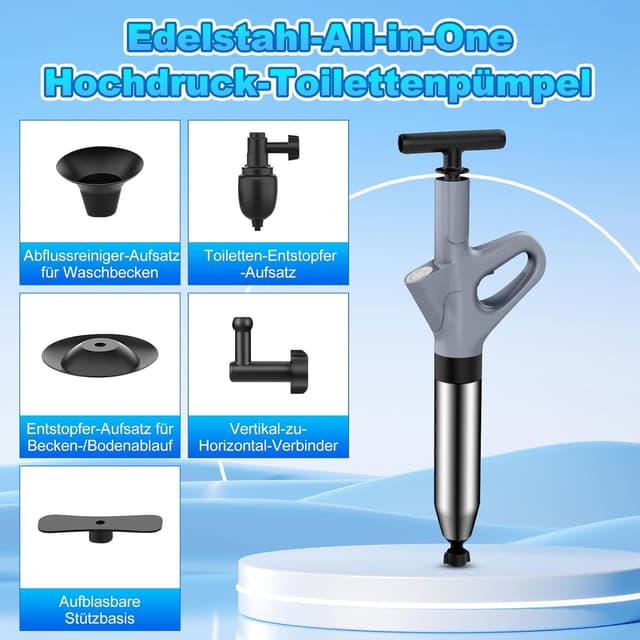 Detalle de Rohrreiniger Druckluft Abflussreiniger Pumpe mit Drucklufttechnologie und Druckanzeige (4 Saugnäpfe) – Pömpel Toilette, grau