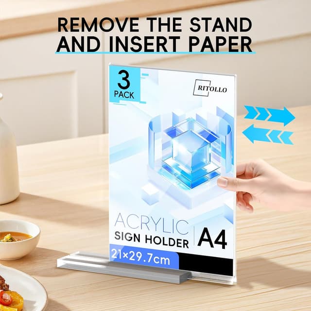 Detalle 2 de RITOLLO 3 Pack A4 Acrylic Sign Holder, Double Sided T-Shape Countertop Display (Clear Perspex)