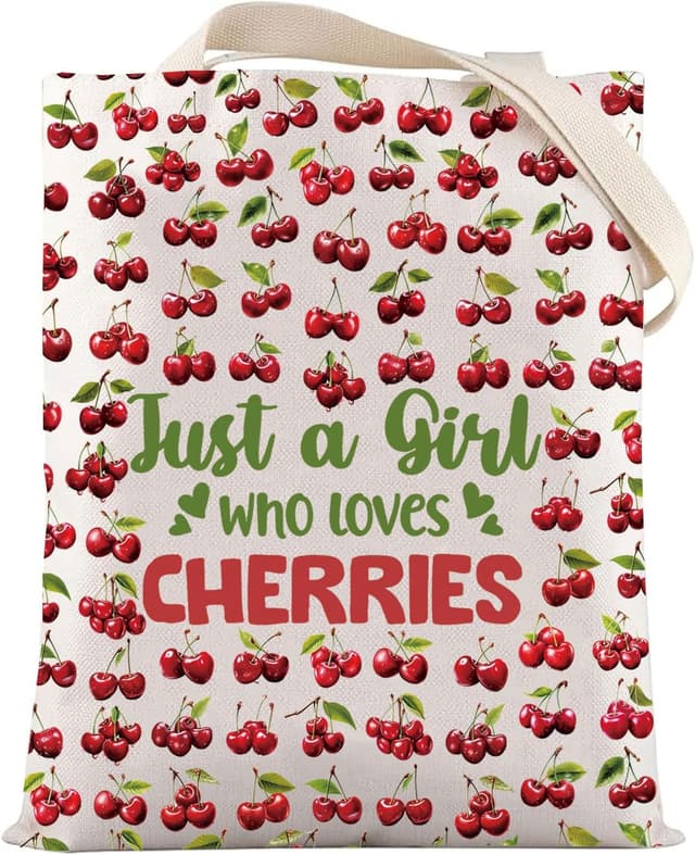 Detalle de LEVLO Funny Cherry cotton canvas cosmetic bag – “Just A Girl Who Loves Cherries” zip pouch
