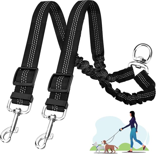 Detalle de Double Dog Lead for 2 Dogs (No Tangle) with 360° Swivel, Reflective & Shock-Absorbing Bungee Handle – Black