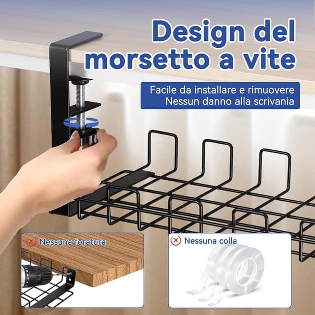 Detalle de HOMMAND Raccogli Cavi Scrivania in metallo con fissaggio senza fori, vassoio sotto il tavolo per ufficio e casa (nero)
