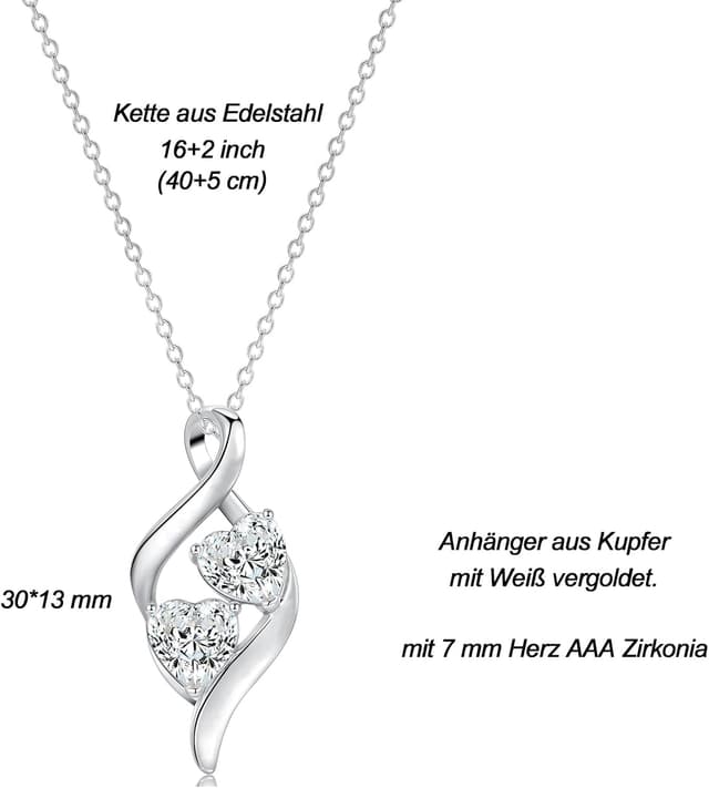 Detalle de USEEDOVIA Herz Halskette mit Doppelherz-Anhänger (Zirkonia) – Geschenk für Mama, Oma, Schwester & beste Freundin