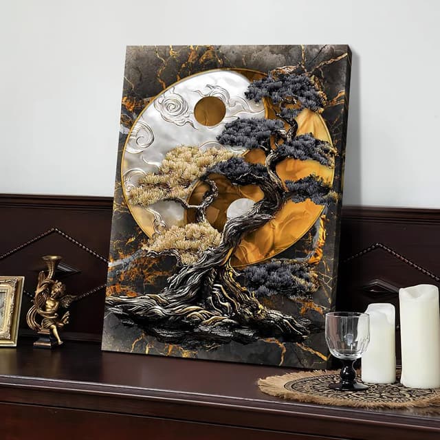 Detalle 2 de HALFLEMART Yin-Yang-Baum Leinwandbilder mit Rahmen 30x40 cm – Schwarz/Braun/Silber, zum Aufhängen