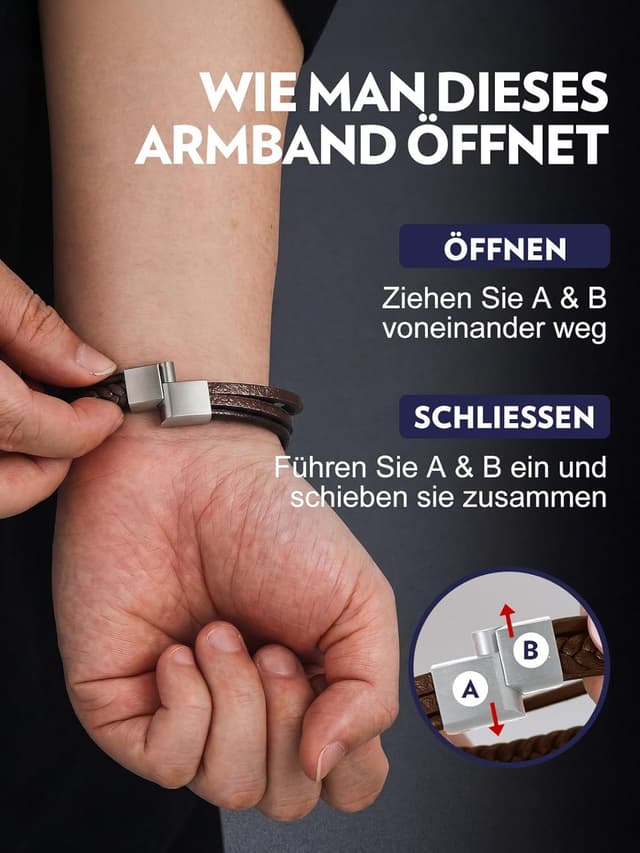 Detalle de Bandmax Herren Lederarmband im Wickel-Look mit Magnetverschluss, braun