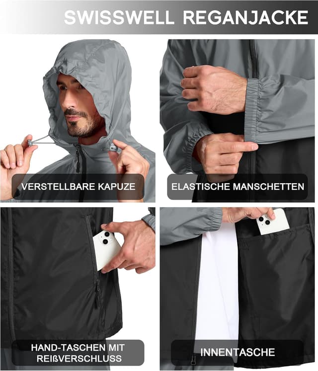 Detalle de SwissWell Men’s Lightweight Waterproof Packable Rain Jacket (Water-Resistant, Windproof, Breathable)