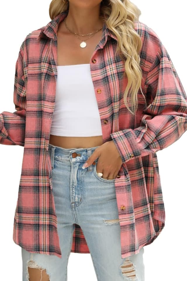 Detalle de CHYRII Women’s Button-Down Flannel Plaid Shirt Shacket (Long Sleeve) — Buffalo Plaid Work & Casual Top