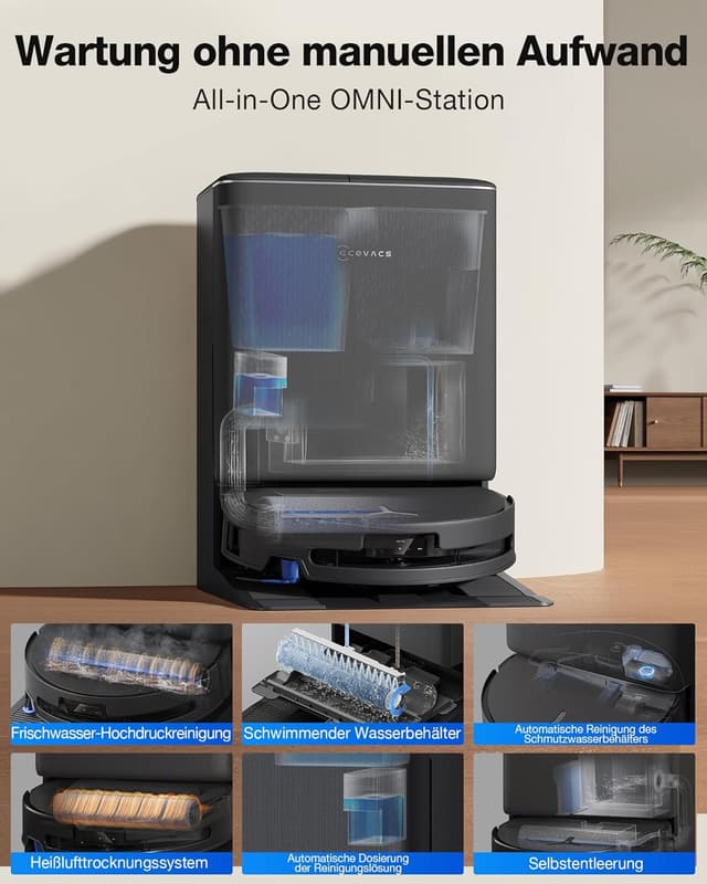 Detalle 2 de ECOVACS DEEBOT T90 PRO Omni Saugroboter mit Wischfunktion – 30.000 Pa, Omni-Dock & PowerBoost, OZMO Roller 3.0, Schwarz
